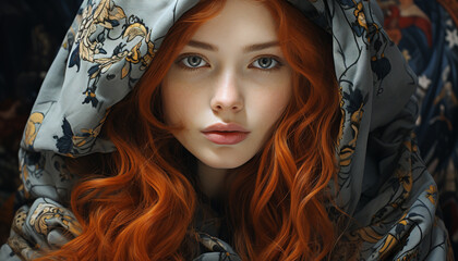 Beautiful woman with long brown hair looking at camera generated by AI