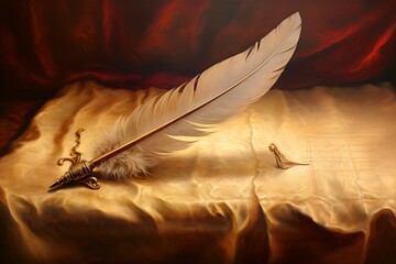 A symbolic painting of a feather quill writing the word 'Freedom' on parchment, representing the power of voice and advocacy. - obrazy, fototapety, plakaty