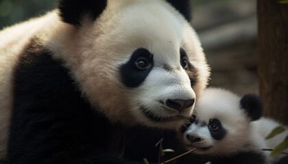 Fototapeta premium Cute panda sitting in nature, looking at camera, eating bamboo generated by AI