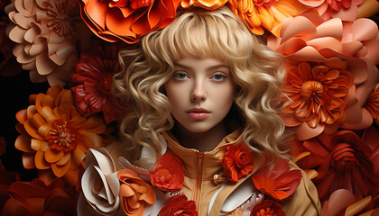 A cute, smiling blond girl with curly hair in autumn generated by AI