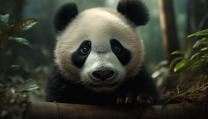 Obraz premium Cute panda sitting in the forest, looking at the camera generated by AI