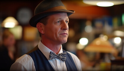 Confident businessman in a suit, indoors at a nightclub generated by AI