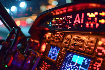 Fototapeta na wymiar The dashboard of a plane lights up on the display with the phrase AI.