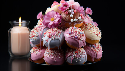 Gourmet dessert pink donut with chocolate icing and candy generated by AI