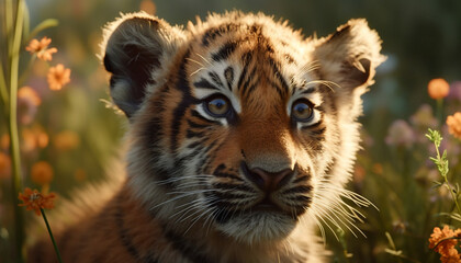 Obraz premium Tiger, fierce and beautiful, hides in the green tropical forest generated by AI