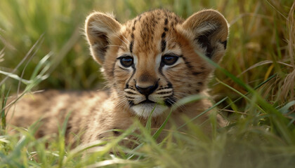 Cute young cheetah hiding in grass, staring at camera, Africa generated by AI