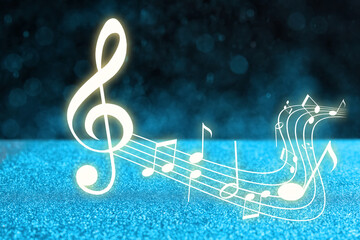 Music notes on dark background over glitter, bokeh effect