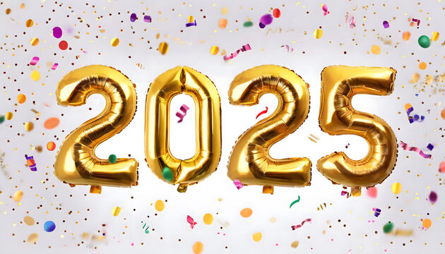 Happy New Year 2025 design, golden foil balloons with the numbers 2025 and colorful confetti, turn of the year 2024/2025 symbol image. Helium. Party, greeting card, Advertising, Anniversary