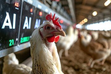 A high-tech chicken farm managed by artificial intelligence. Control Dashboard with phrase AI and chicken.