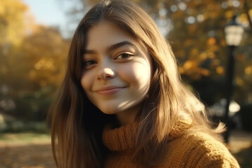 Smiling girl in autumn, happiness in nature, cute portrait generated by AI