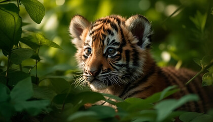 Tiger in the wild, striped fur, staring, beauty in nature generated by AI