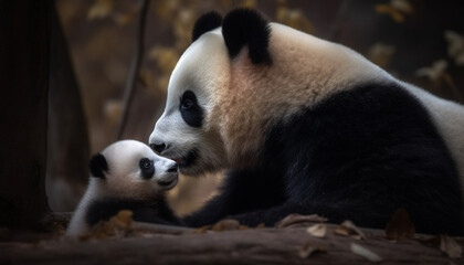 Obraz premium Cute giant panda eating bamboo in the wild, black and white generated by AI