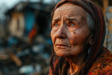 sad aged ukrainian woman on bombed out house background,