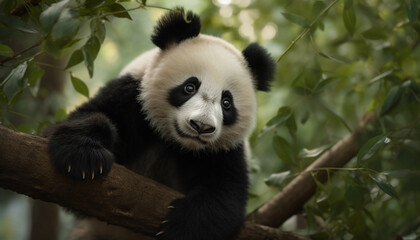 Fototapeta premium Cute panda in nature, sitting on a tree, eating bamboo generated by AI