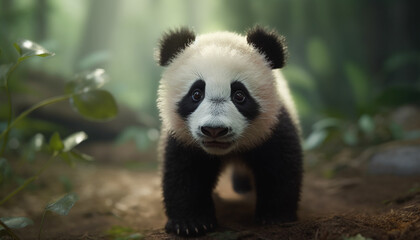 Obraz premium A cute giant panda eating bamboo in the wild forest generated by AI