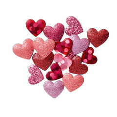 Pile of red and pink glittery hearts, isolated