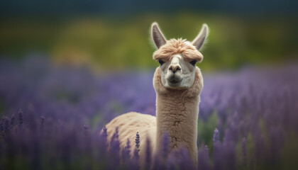 Obraz premium Cute alpaca grazing on green meadow, looking at camera generated by AI
