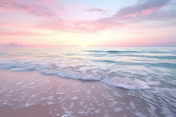Obraz premium A tranquil scene of a calm sea at sunrise, representing new beginnings and hope, with gentle waves and pastel colors