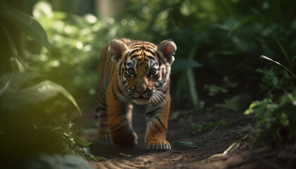 Bengal tiger, striped feline, endangered species, tropical rainforest, large fur generated by AI