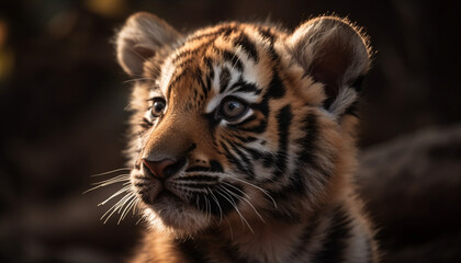 Majestic tiger, wildcat beauty, staring danger, nature undomesticated portrait generated by AI