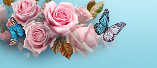 Copy space, illustration of colorful leaves and butterflies on faded blue background roses