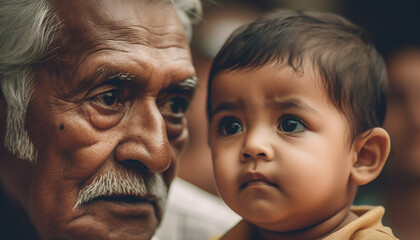 A cute baby boy smiling, held by his affectionate grandfather generated by AI