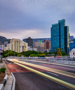 City of Cape Town at dusk from Dock Road, waterfront, Cape Town, South Africa