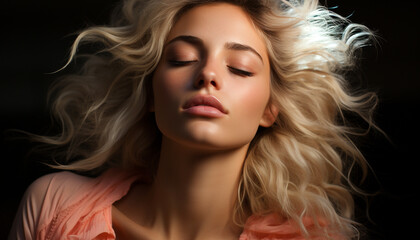 Fototapeta premium Beautiful woman with long blond hair, eyes closed, looking elegant generated by AI