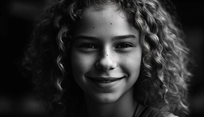 Smiling young woman with curly brown hair, outdoors, looking confident generated by AI