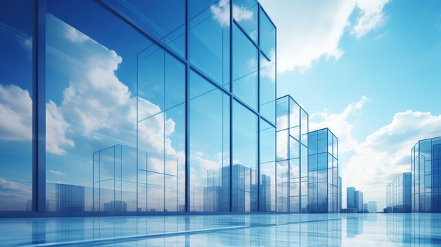 Fototapeta Modern glass buildings reflection with clear cloudy blue sky view background. AI generated image