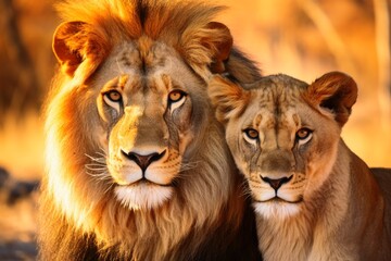 Obraz premium A male and a female lion portrait.