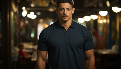Fototapeta premium Confident young man, outdoors at night, looking at camera generated by AI
