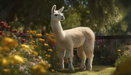 Obraz premium Cute alpaca grazing on green grass in meadow generated by AI