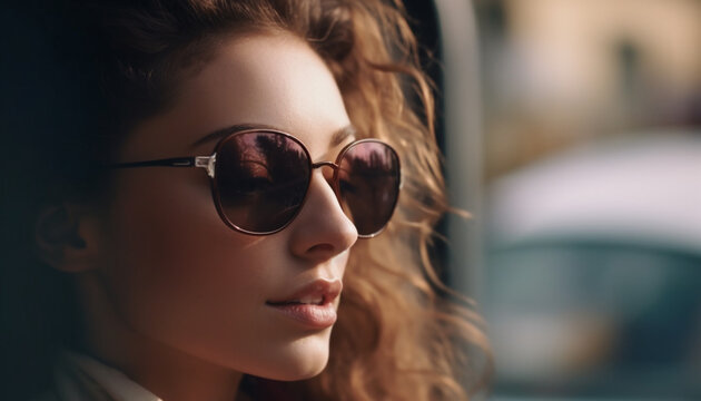 Young woman in sunglasses exudes confidence and elegance in city generated by AI