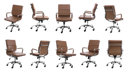 Brown leather office chair isolated on white, set