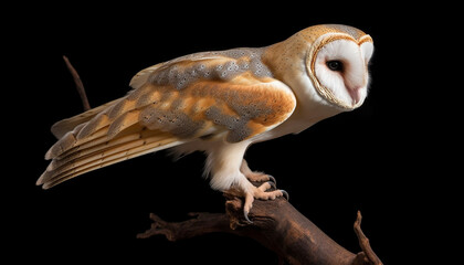 Obraz premium Bird of prey perching on branch, close up of animal eye generated by AI
