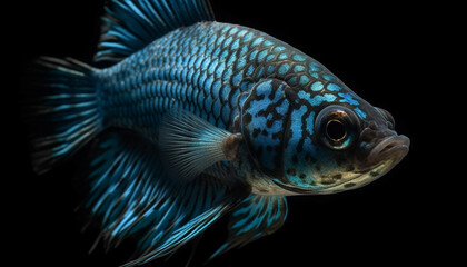Naklejka premium A colorful fish swims in the deep blue underwater world generated by AI