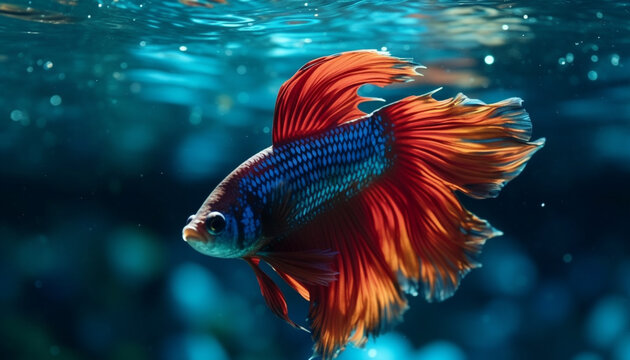 A beautiful siamese fighting fish swims in a vibrant underwater world generated by AI