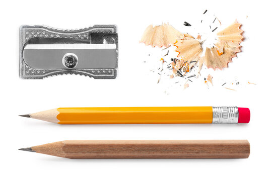 Different graphite pencils, sharpener and shavings isolated on white, set