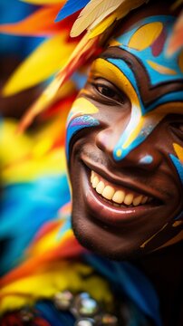 Closeup of happy smiling face, handsome young black man, African or Brasilian dancer, Rio carnival mask made with face paint or makeup, colorful fancy masquerade festival party, dancing in the street 