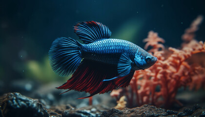 A beautiful siamese fighting fish swims in a colorful underwater world generated by AI