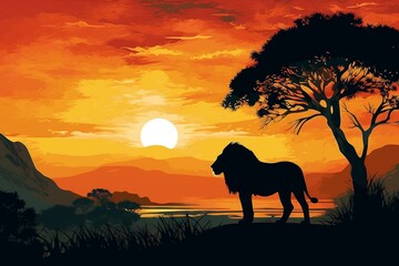 Fototapeta na wymiar sunset over African landscape with majestic adult lion silhouette. Generative AI