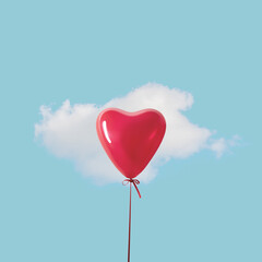 Red heart balloon with white cloud on blue sky. Minimal love concept.