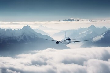Fototapeta na wymiar Airplane over snowy mountains in the clouds. Generative AI