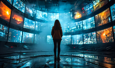Person standing in awe inside a circular room surrounded by multitudes of glowing screens