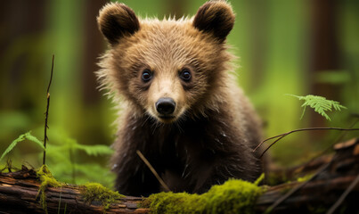 Fototapeta premium Adorable Brown Bear Cub Exploring the Forest, Captured in a Natural Habitat with a Soft-Focused Green Background