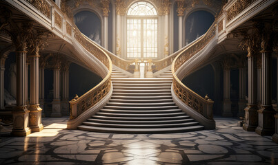 Grandiose double staircase in a luxurious palace with sunlight streaming through large windows - obrazy, fototapety, plakaty