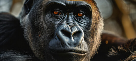 Intense Close-Up Portrait of a Gorilla's Face with Piercing Eyes, Emphasizing the Soulful Intelligence of Wildlife