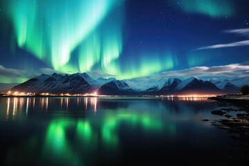Aurora borealis at a lake in the north of Europe.