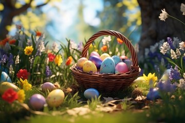 Festive beautiful easter background with eggs and grass.